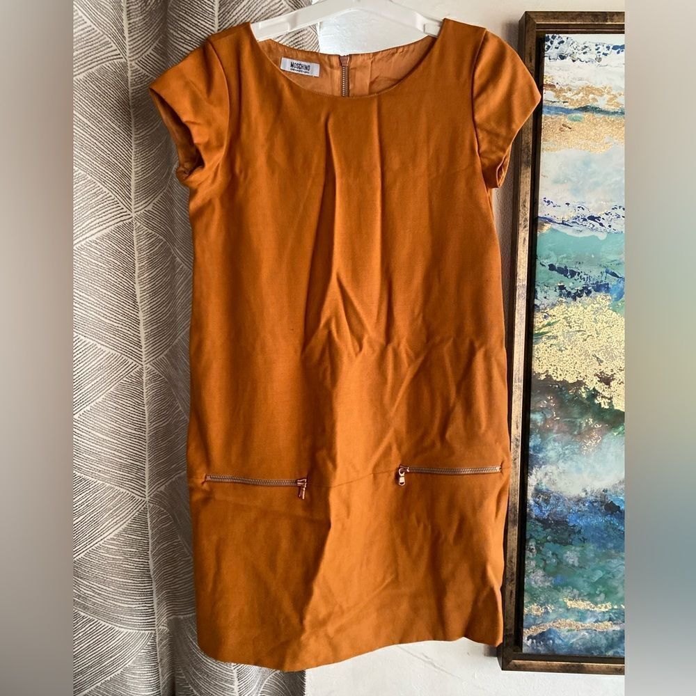 Moschino cheap and chic Mini Dress 100% Wool Size 6 Mustard Pockets Zip Lined